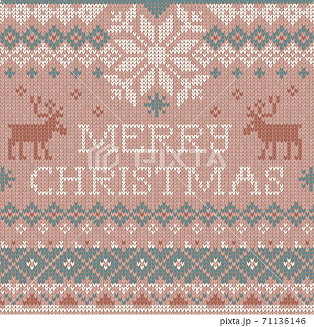 Vector illustration Handmade knitted background pattern Merry Christmas, reindeers, snowflakes 71136146