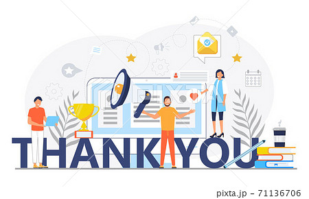 Thank you concept vector. Tiny people thank you for help. Clients evaluate the service, give rate. Like, heart, star icon 71136706