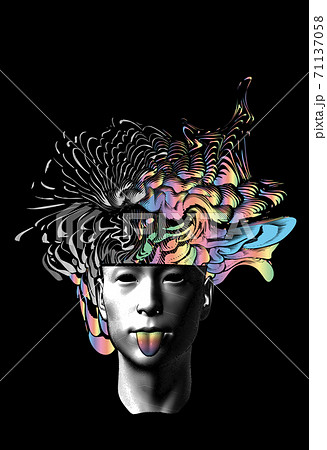Abstract man stick out tongue with colorful brain splash out on dark BG 71137058