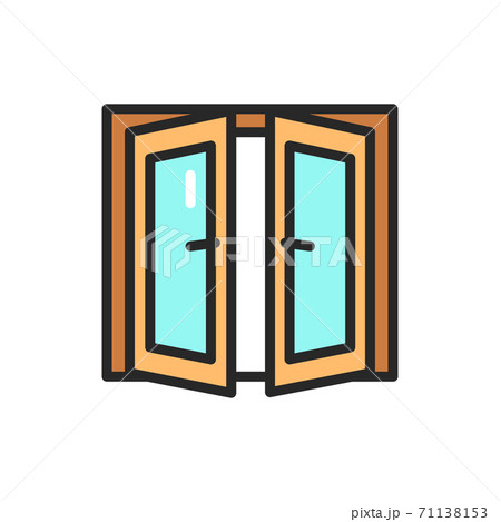 Front view open double doors color line icon. Isolated vector element. Front view open double doors color line icon. Isolated vector element. 71138153
