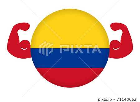 強いコロンビアのイメージイラスト（円形のコロンビア国旗と力こぶ）