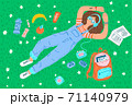 Girl lying on grass dreaming and reading book. Summer holidays outdoor relax. Cartoon illustration for banner, presentation, blog 71140979