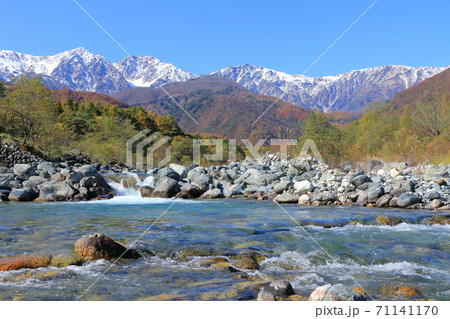 白馬の秋　冠雪した白馬三山と三段染めの紅葉 71141170