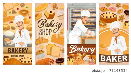 Baker confectioner in bakery shop baking bread 71143534
