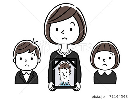 ベクターイラスト素材：喪服を着た女性と子供、遺影を持つ、未亡人 71144548