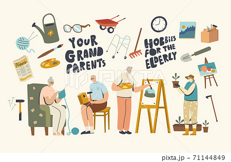 Male and Female Senior Characters Spending Time at Home Engaging Hobby Making Birdhouse, Painting, Knitting or Gardening 71144849
