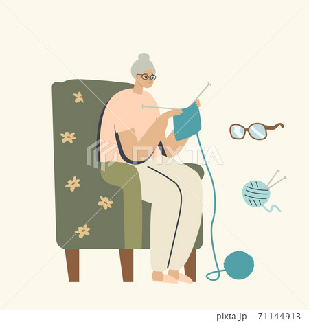 Senior Woman Sitting on Armchair in Living Room Knitting Clothing, Aged Granny Female Character Handcraft Hobby 71144913