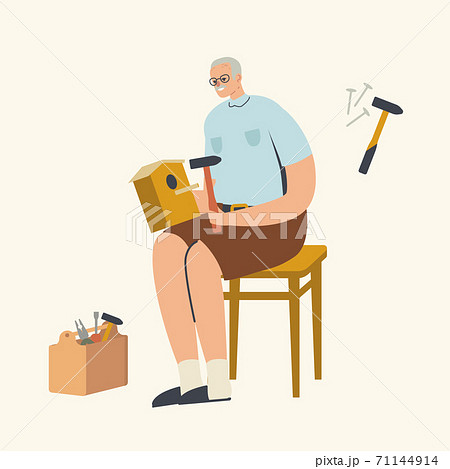 Senior Character Making Birdhouse. Grandfather Sitting on Stool Make House for Birds of Wood Using Carpentry Instruments 71144914