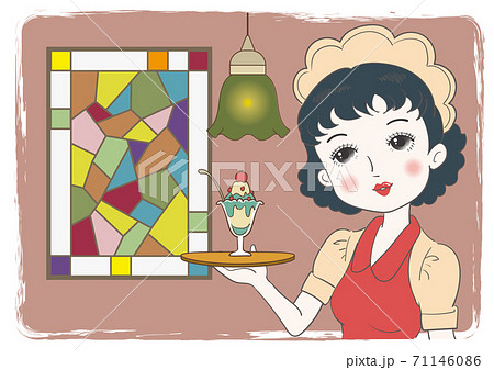 パフェを運ぶウェイトレス ステンドグラス窓のあるレトロ喫茶のイラスト素材