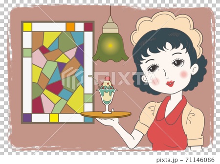 Waitress carrying a parfait, a retro coffee shop with stained glass windows 71146086