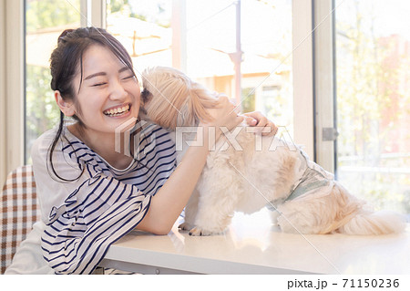愛犬と遊ぶ女性 71150236