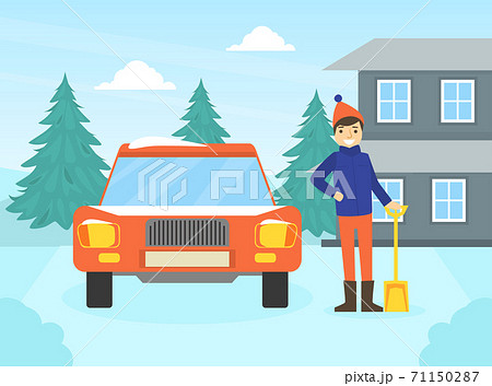 Man Cleaning His Car out of Snow, Winter Outdoor Activity Concept Vector Illustration 71150287