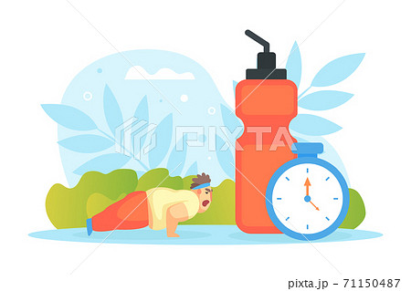Tiny Chubby Man Doing Pushup Exercise, Huge Scales and Healthy Food, Overweight Man Character Doing Workout, Vector Illustration 71150487