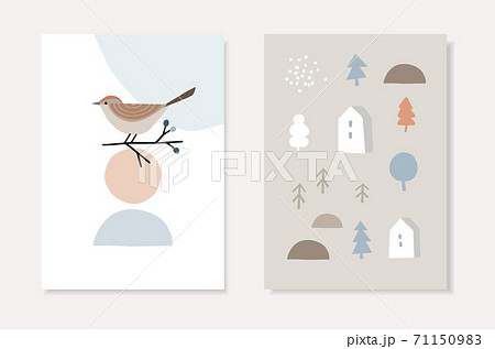 Set of Christmas Scandinavian greeting cards, invitations. Bird siting on bare branch. Abstract geometric shapes. Nordic landscape with trees and houses. Retro design, Vector illustration background. 71150983