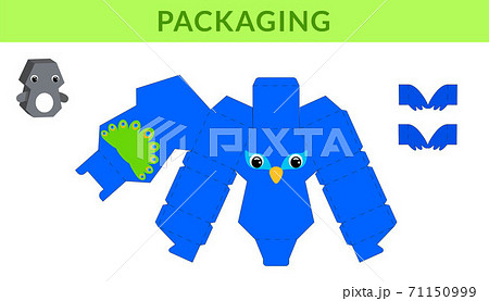 Party favor die cut peacock box for birthdays, baby showers for sweets, candies, small presents, bakery. Retail box blueprint template design. Print, cutout, fold, glue. Vector stock illustration. 71150999