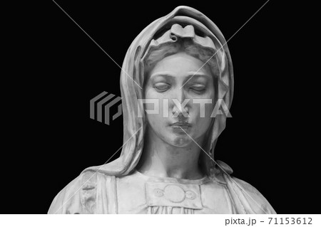 Face of statue of grieving woman isolated on black background. Plaster antique sculpture of young woman face. Gypsum head portrait copy 71153612