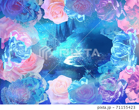 ガーリーな薔薇のフレームとお城と三日月が水面に反射したイラストのイラスト素材