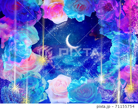 ガーリーな薔薇のフレームと夜空に輝く三日月のイラストのイラスト素材