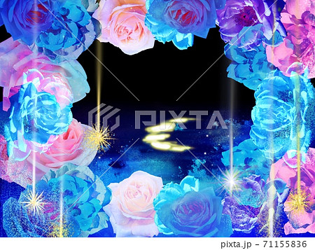 ガーリーな薔薇のフレームと湖に反射し揺らめく三日月のファンタジックイラストのイラスト素材