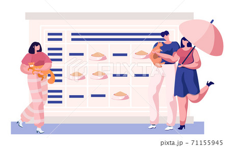 Couple walking with cat holding it. Animal care, feeding, meal schedule with food bowls marked Couple walking with cat holding it. Animal care, feeding, meal schedule with food bowls marked 71155945