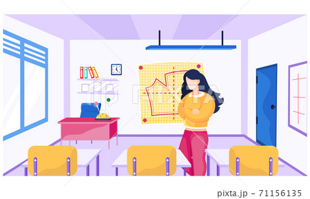 Female teacher at school for seamstresses explains topic. Sewing lesson. Yellow board with pattern Female teacher at school for seamstresses explains topic. Sewing lesson. Yellow board with pattern 71156135