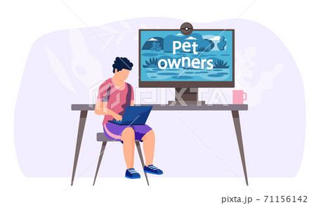 Video blog for pet owners, young man sitting with laptop near computer screen with lettering Video blog for pet owners, young man sitting with laptop near computer screen with lettering 71156142