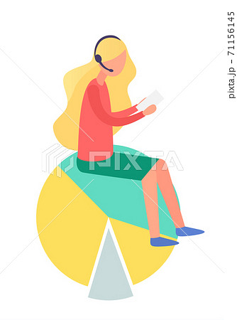 Blonde girl in headphones read interesting book. Person sitting on chart and reading literature 71156145