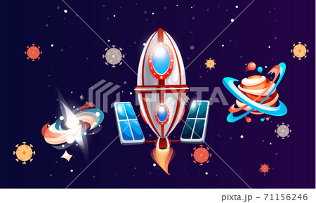 Space game elements, rocket and planets in dark blue space. Cartoon luminous shine cosmic objects Space game elements, rocket and planets in dark blue space. Cartoon luminous shine cosmic objects 71156246