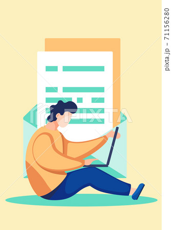Office worker man sitting on the floor with a laptop. Businessman or a clerk working at his computer 71156280