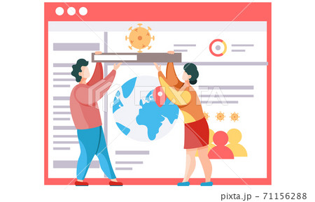 People present a report near information poster with virus sign, globe with mark, world epidemic People present a report near information poster with virus sign, globe with mark, world epidemic 71156288