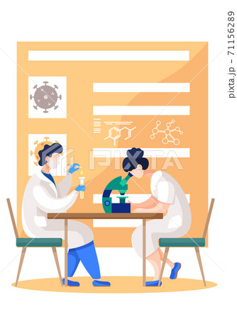 Medical workers in lab. People in white coat and masks work with a microscope and a test tube 71156289