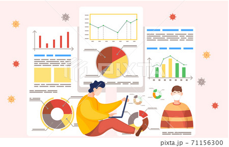 Coronavirus statistics. Dynamics of the spread of the virus. Man looking indicators on laptop Coronavirus statistics. Dynamics of the spread of the virus. Man looking indicators on laptop 71156300