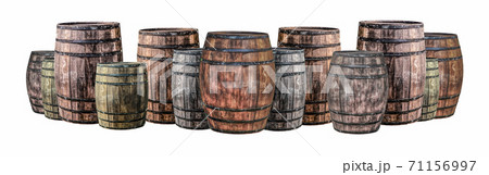 assortment of oak barrels, large and small, gray and brown on an isolated background assortment of oak barrels, large and small, gray and brown on an isolated background 71156997