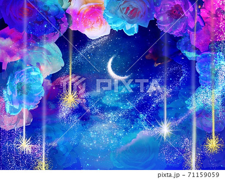 ガーリーな薔薇のフレームと流れ星と三日月のイラストのイラスト素材