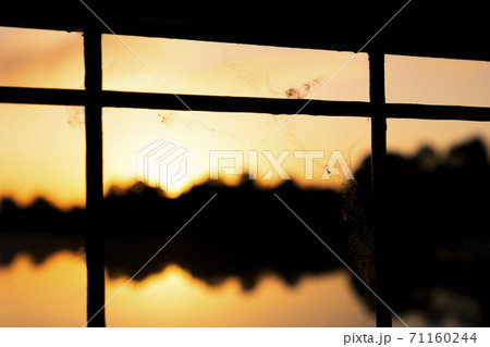Sunset at Golden Hour Viewed through the fence. Focus on the fence and railing Sunset at Golden Hour Viewed through the fence. Focus on the fence and railing 71160244
