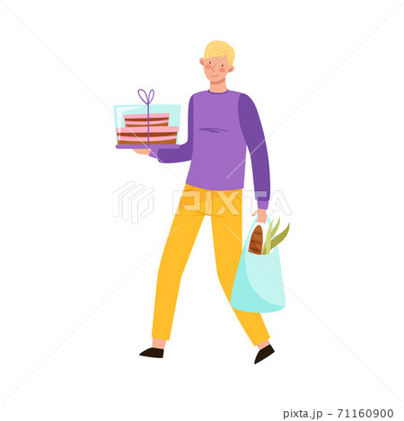 Young Man Carrying Birthday Cake and Shopping Bag Vector Illustration 71160900