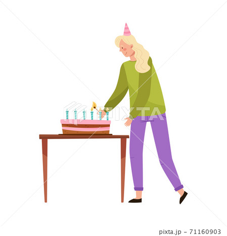 Cheerful Female with Blonde Hair in Birthday Hat Lighting Candles on Cake Vector Illustration 71160903