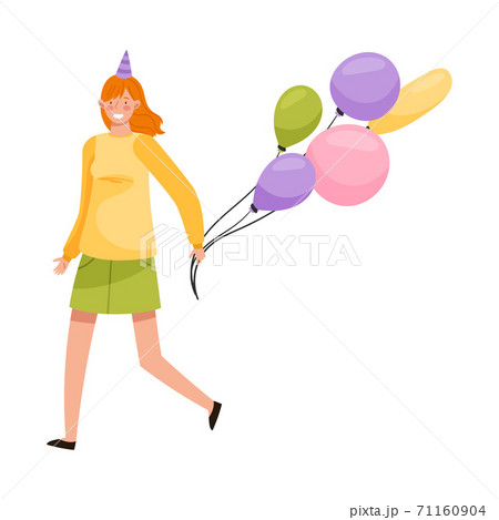 Red Haired Girl in Birthday Hat Carrying Bunch of Balloons Vector Illustration 71160904