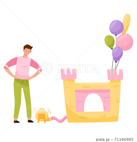 Young Man Inflating Toy Castle as Birthday Gift Vector Illustration 71160905
