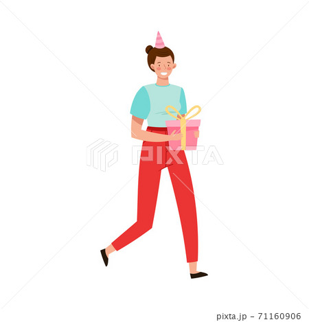 Young Woman in Birthday Hat Carrying Wrapped Gift Box Vector Illustration 71160906