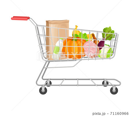 Shopping Cart Full of Food and Products from Grocery Market Vector Illustration 71160966