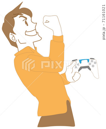 新型ゲームのコントローラーを持ちガッツポーズをする男性 新型ゲームのコントローラーを持ちガッツポーズをする男性 71161021