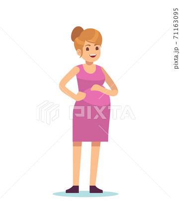 Pregnant woman. Happy pregnancy female standing in pink dress, waiting for child, simple character with big belly, motherhood and family concept, cute cartoon flat vector character Pregnant woman. Happy pregnancy female standing in pink dress, waiting for child, simple character with big belly, motherhood and family concept, cute cartoon flat vector character 71163095