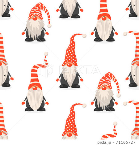 Vector Seamless Pattern with Scandinavian Christmas Cute Gnomes with Red Caps in Flat Style. Dwarfs. Design Template for Merry Christmas and Happy New Year Card, Package. Cartoon Kids Characters 71165727