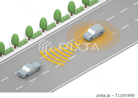 自動運転で走る3台の車 安全なドライブ技術 高速を走る 車からセンサー のイラスト素材