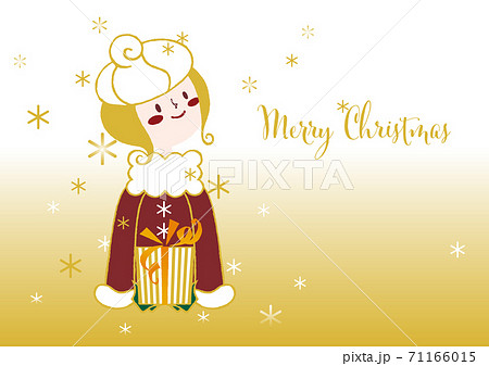 クリスマスカード Merry Christmas 輝く雪とプレゼントと女の子 コート赤 背景白 金色のイラスト素材