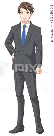 笑顔で立ちポーズをとるスーツの若い男性のイラスト素材