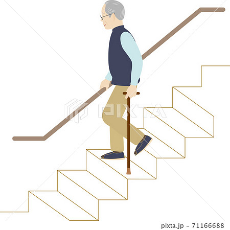 杖と手すりを使って階段をおりる高齢者男性のイラスト素材
