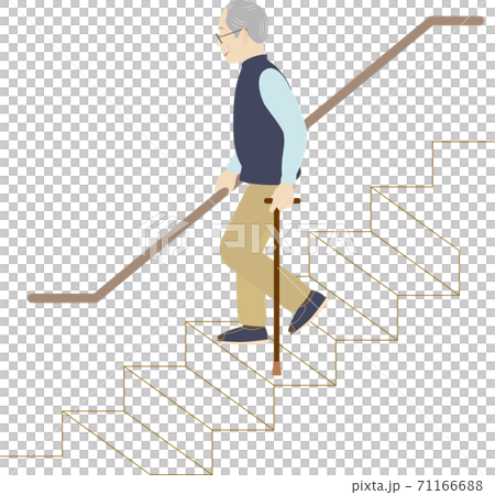杖と手すりを使って階段をおりる高齢者男性 71166688