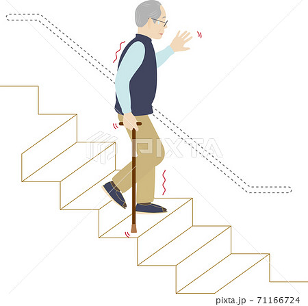 階段に手すりがなくて困っている高齢者男性のイラスト素材